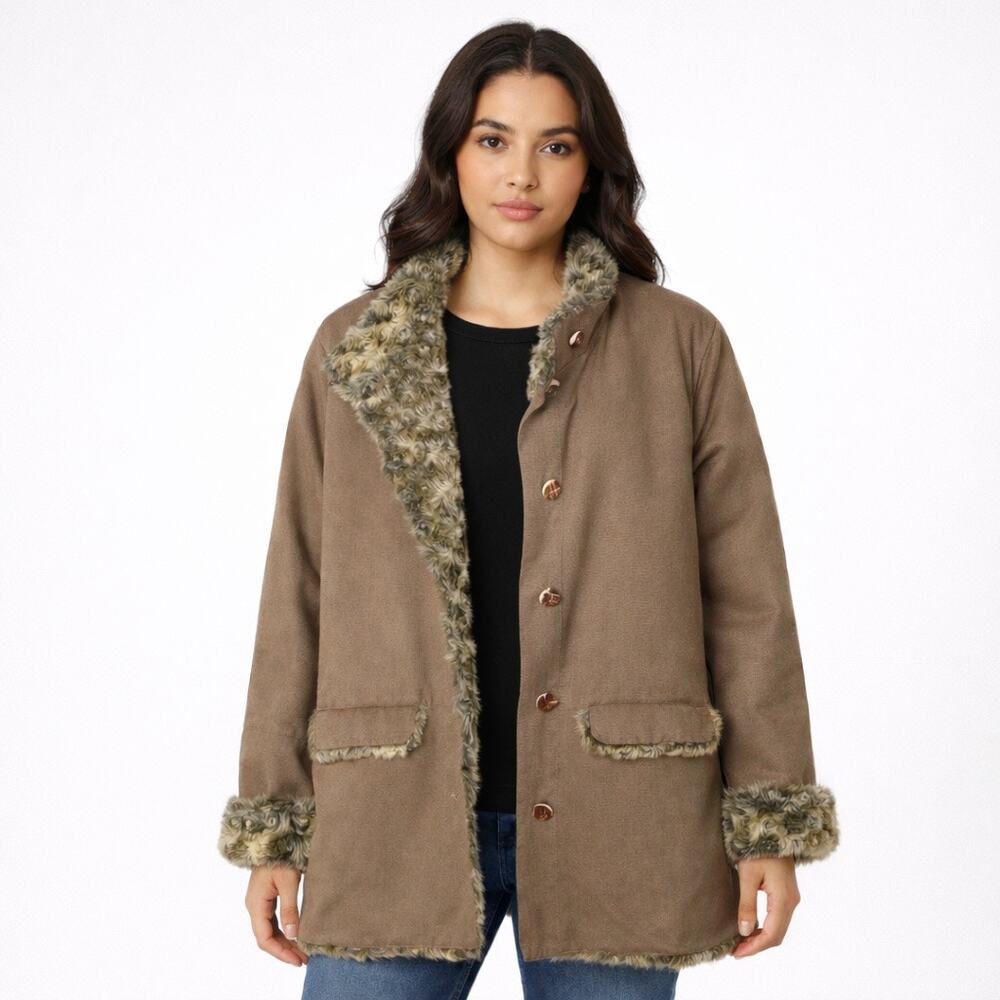 Vintage 2000s J.Jill Brown Faux Fur Lined Coat Jacket Size L